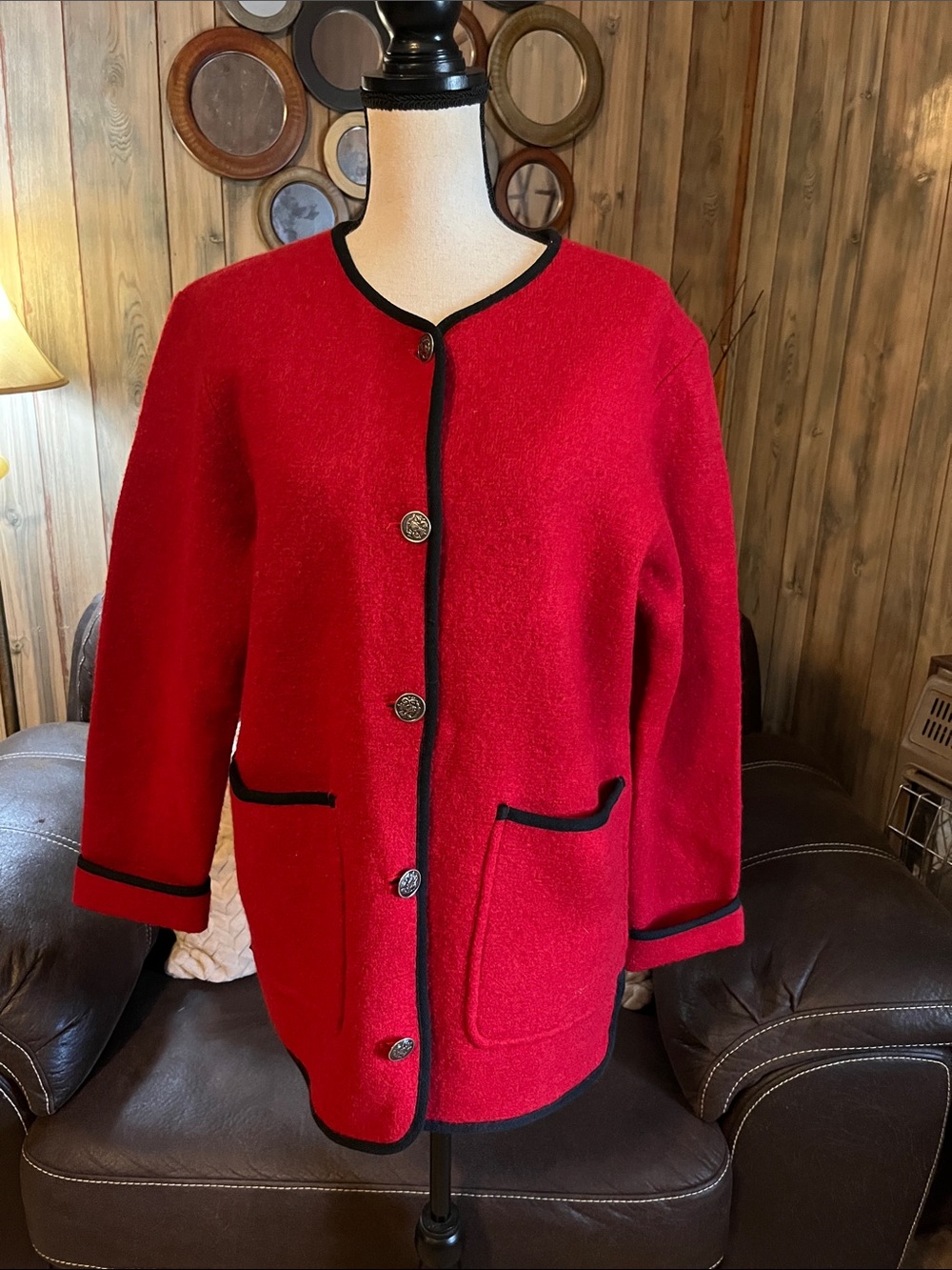 Vintage Talley-Ho Red Ornamental Botton Up Women Wool Sweater Cardigan Red/Black - Picture 2 of 9